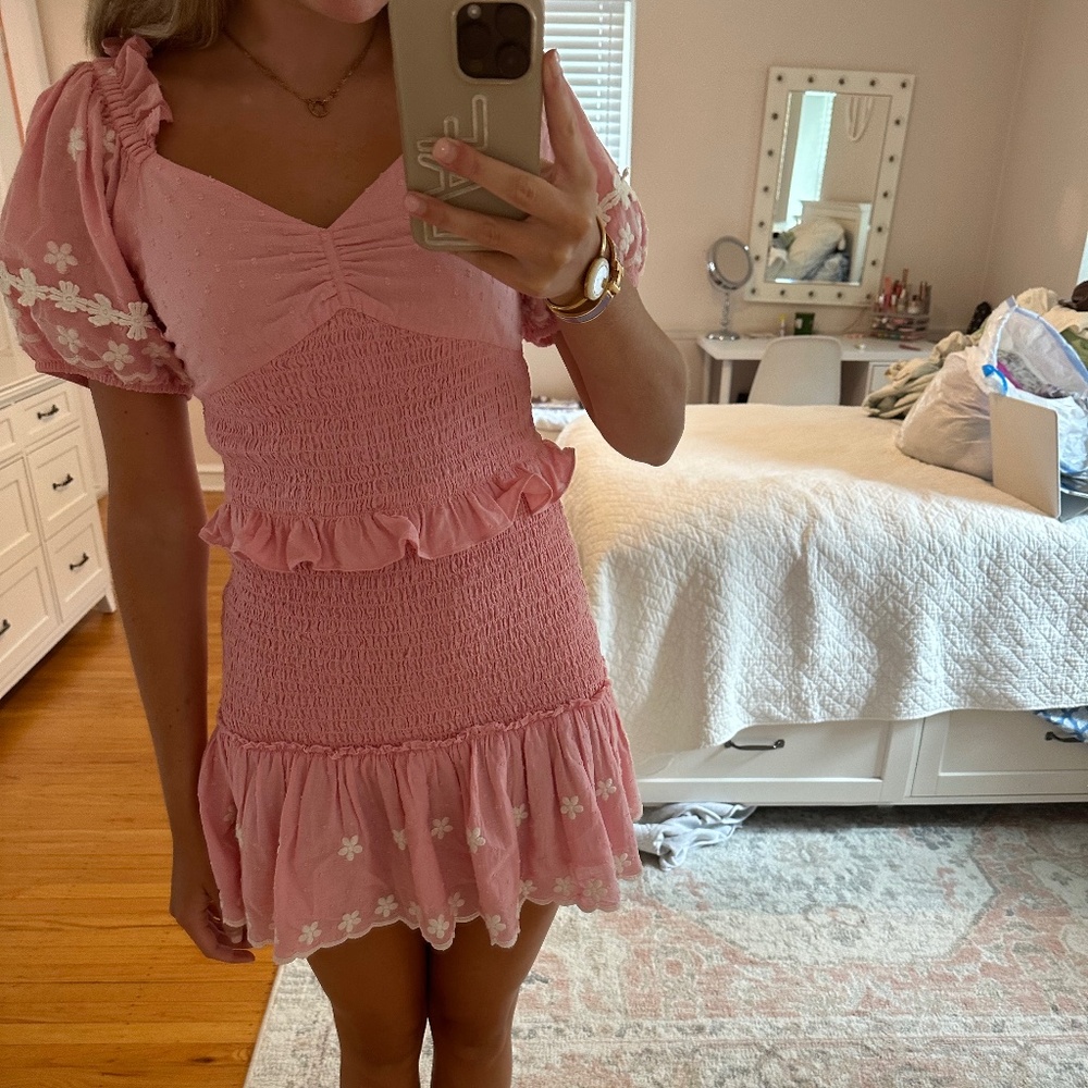 LoveShackFancy Pink Ruffle Smocked Dress XS